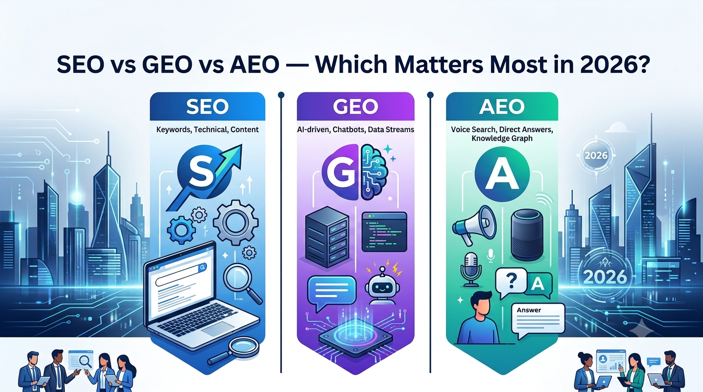 SEO vs GEO vs AEO comparison — which search optimisation strategy matters most for Malaysian businesses in 2026